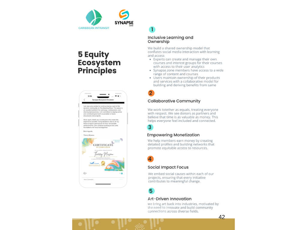 Caribbean InTransit 5 Equity Ecosystem Principles: inclusive learning and ownership, collaborative community, empowering monetisation, social impact focus, art-driven innovation