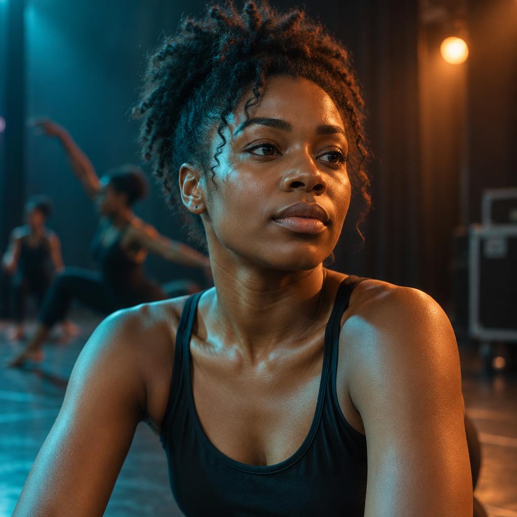 A focused young dancer-choreographer under teal and orange stage light