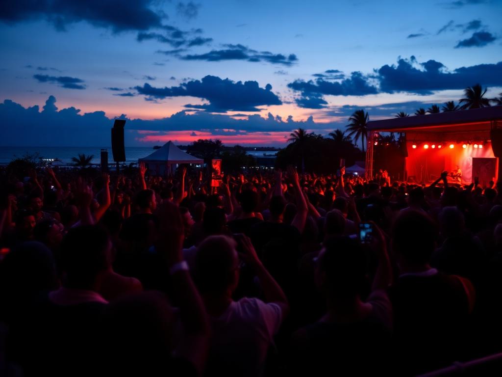 Festival audience with hands raised at a Caribbean stage at dusk