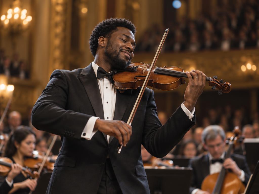 A Black violinist in black-tie attire performing as soloist with an orchestra in a grand concert hall