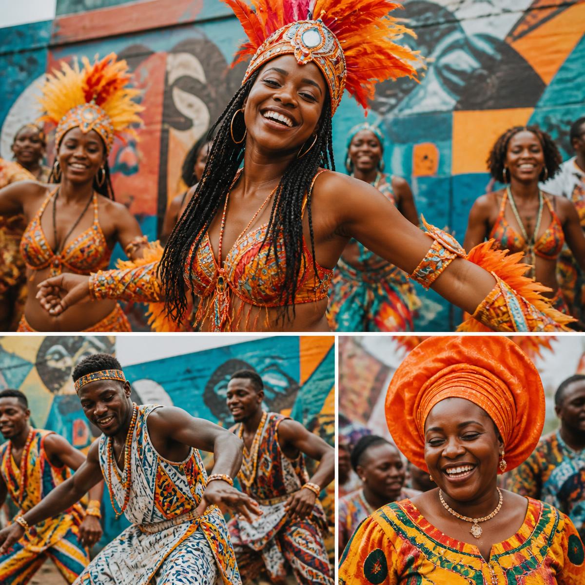 Caribbean and African festival performers in bright costume