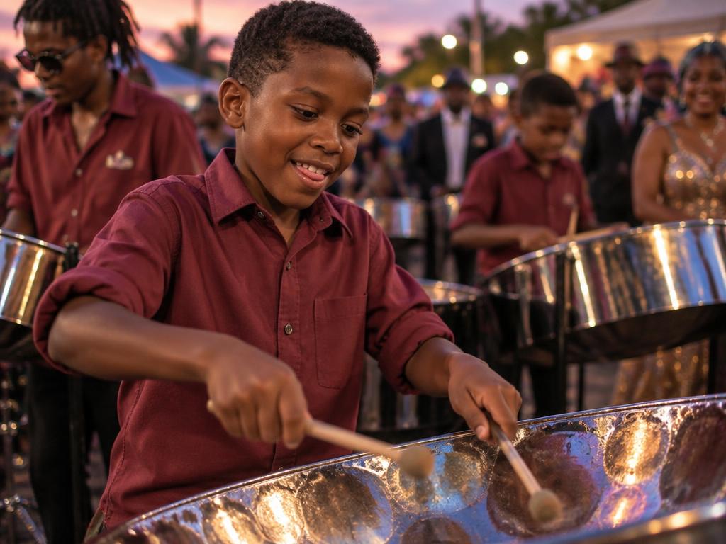 A young boy in a maroon band shirt playing a steelpan with mallets at a dusk street performance, his band and a dressed-up crowd behind