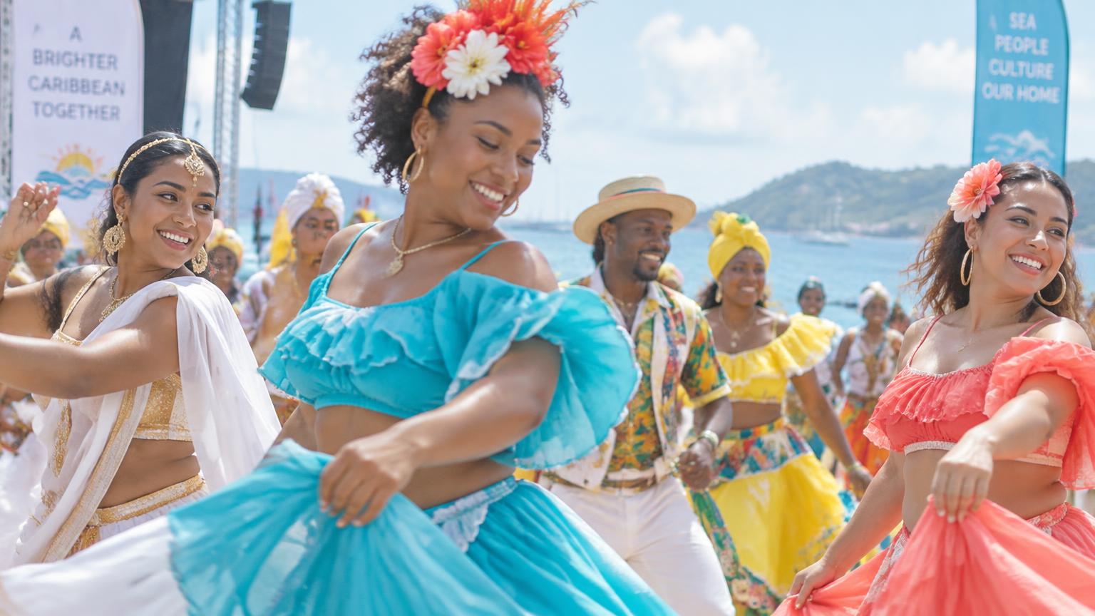 Dancers from many backgrounds in bright flowing costumes on a sunny seaside promenade