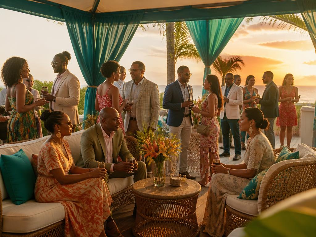 Festival sponsor lounge with teal canopies and tropical planting
