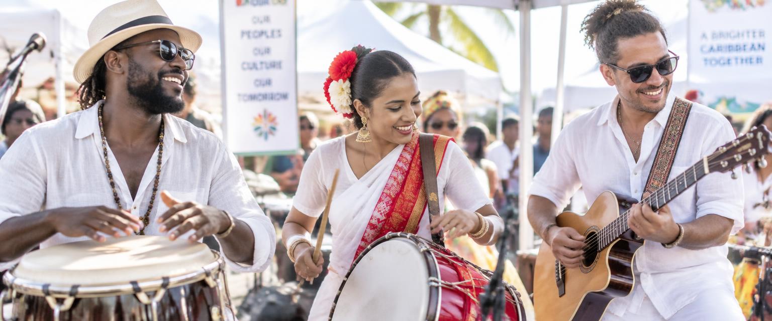 Festival band playing drums and guitar outdoors