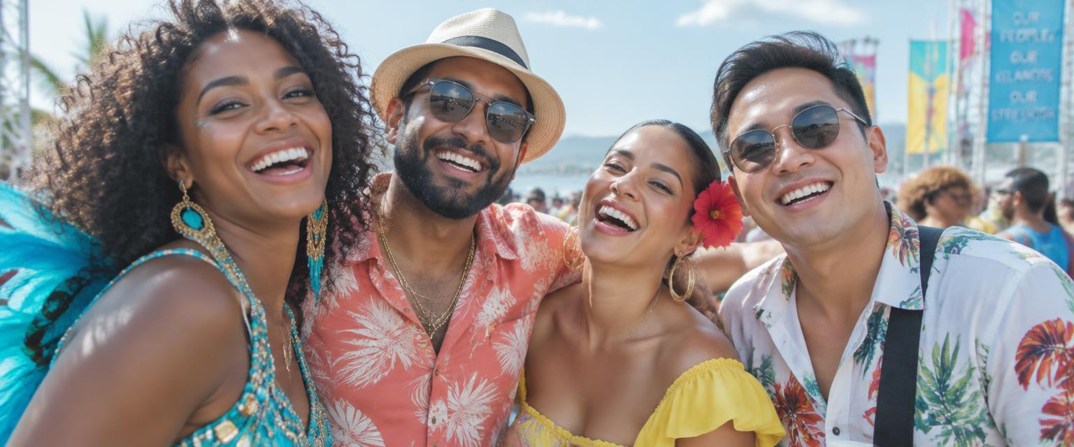 Friends from many backgrounds laughing at a seaside festival